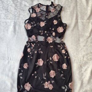 Streetwear Society Embroidered Roses Black Mesh Lined Evening Dress Size S/P